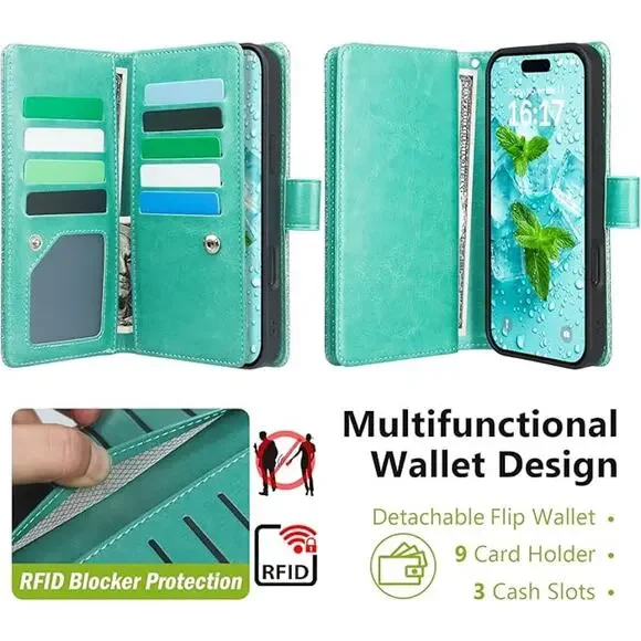 iPhone 16 Plus Turquoise Glitter Phone Case With Detachable Wallet Card Holder - Picture 8 of 16